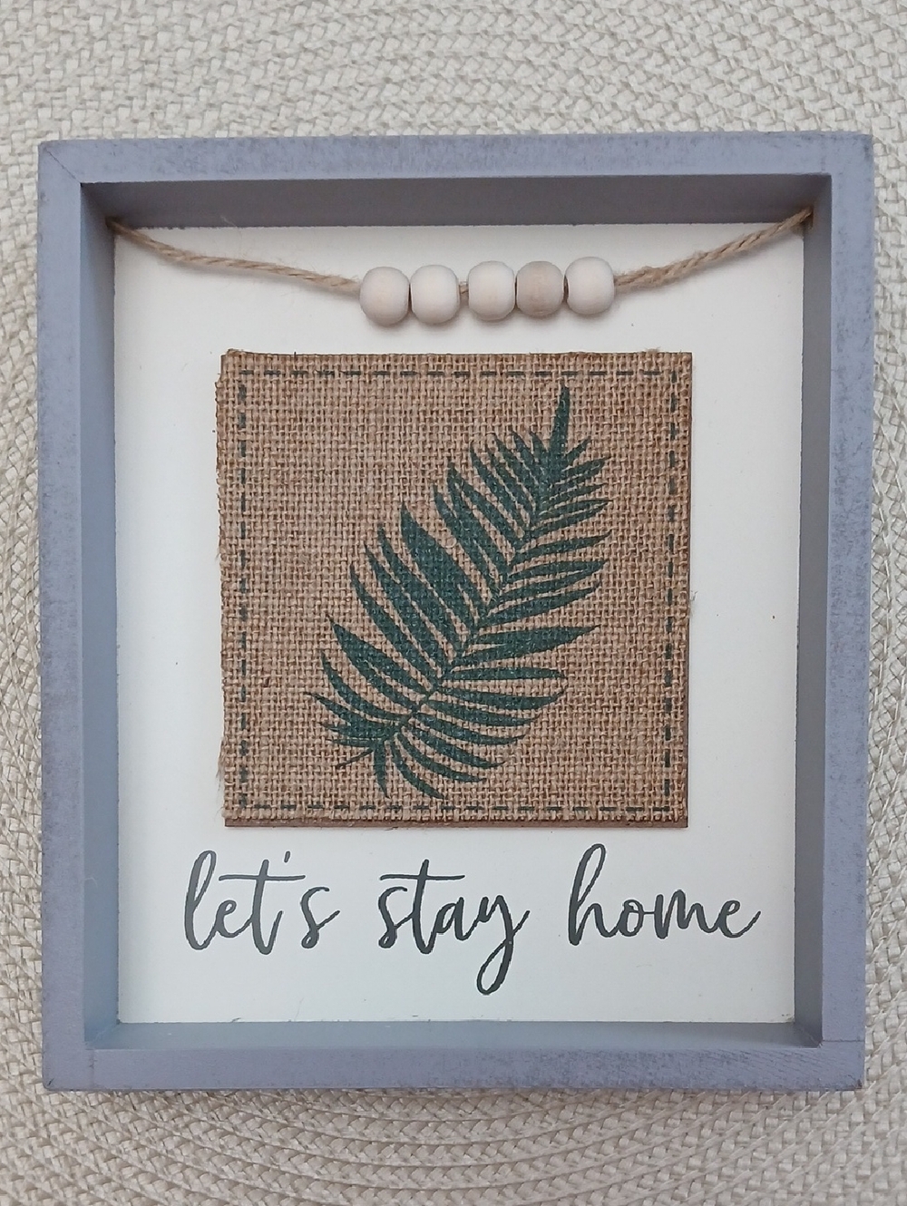 Framed 'Let's Stay Home' Leaf Wall Art - Neutral Blue Frame